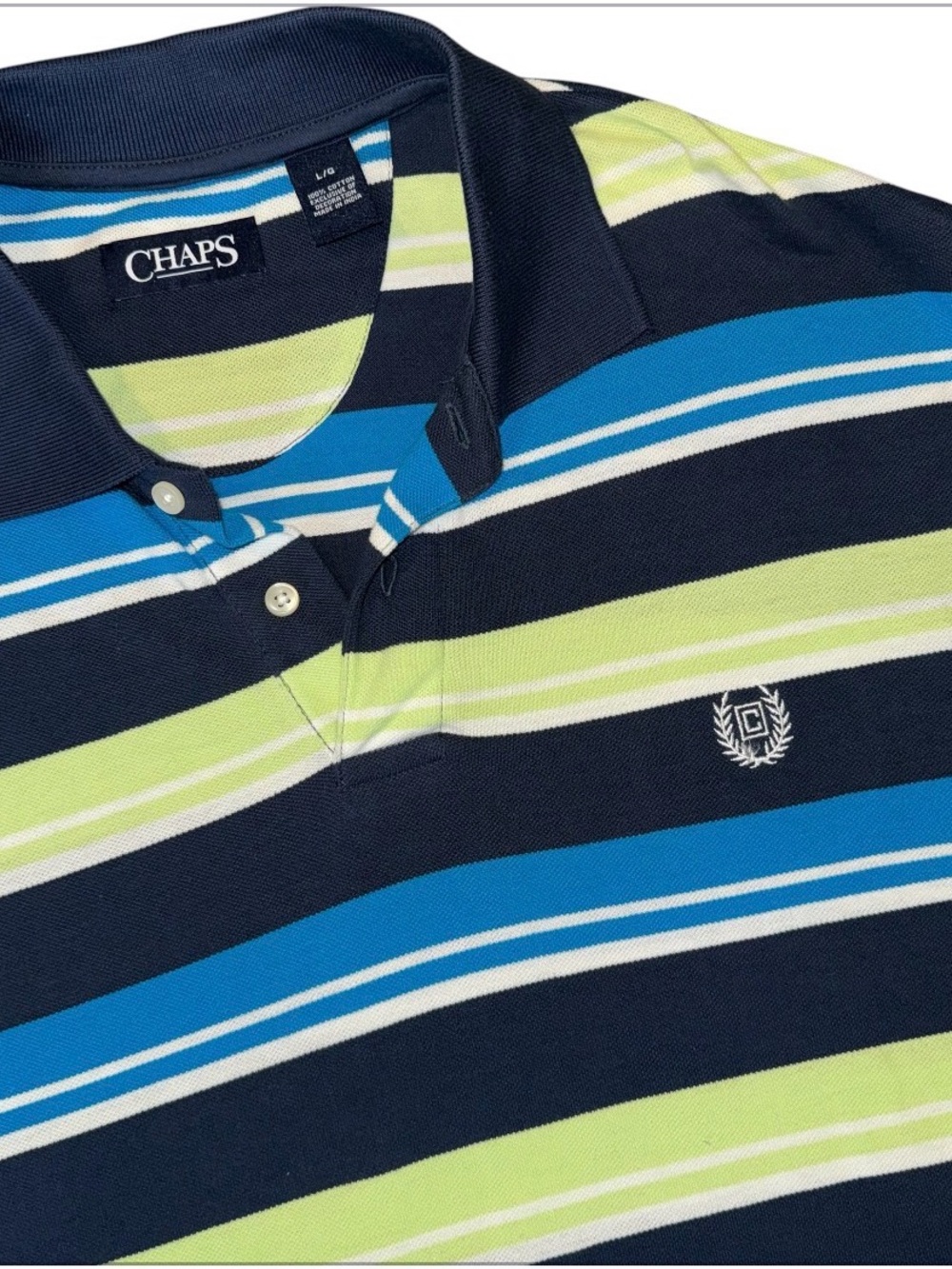 Chaps Mens Large Polo Shirt Cotton Pique Striped Navy Green Blue 2016 Casual L